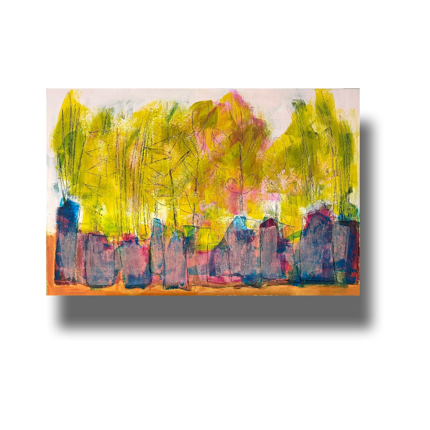 Semi abstract painting of several potted plants in a line on a shelf
