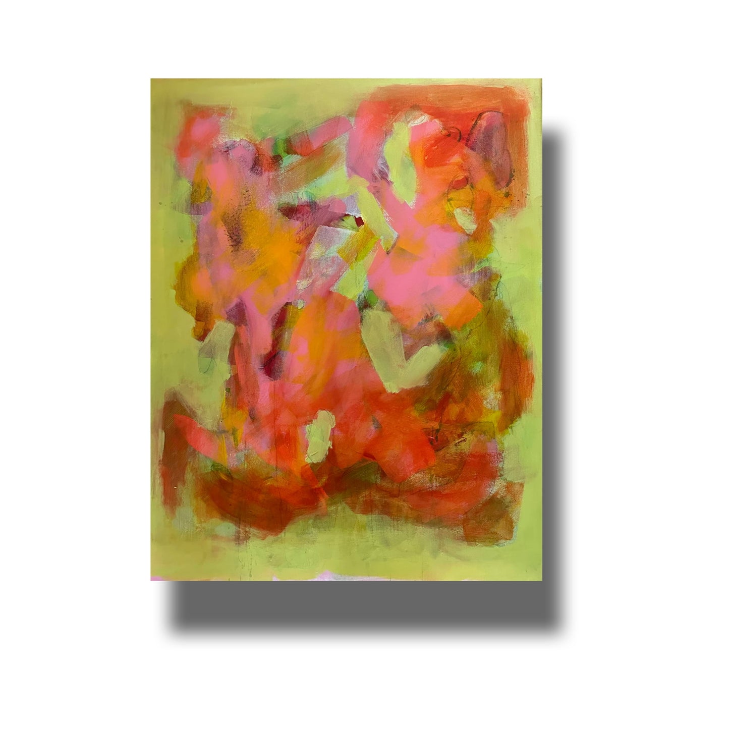 Abstract painting using bright reds, pinks and oranges on a green background