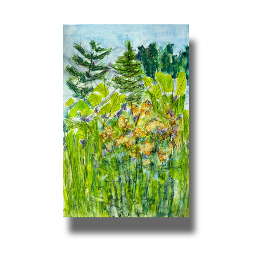 Painting of yellow wildflowers growing in tall grasses