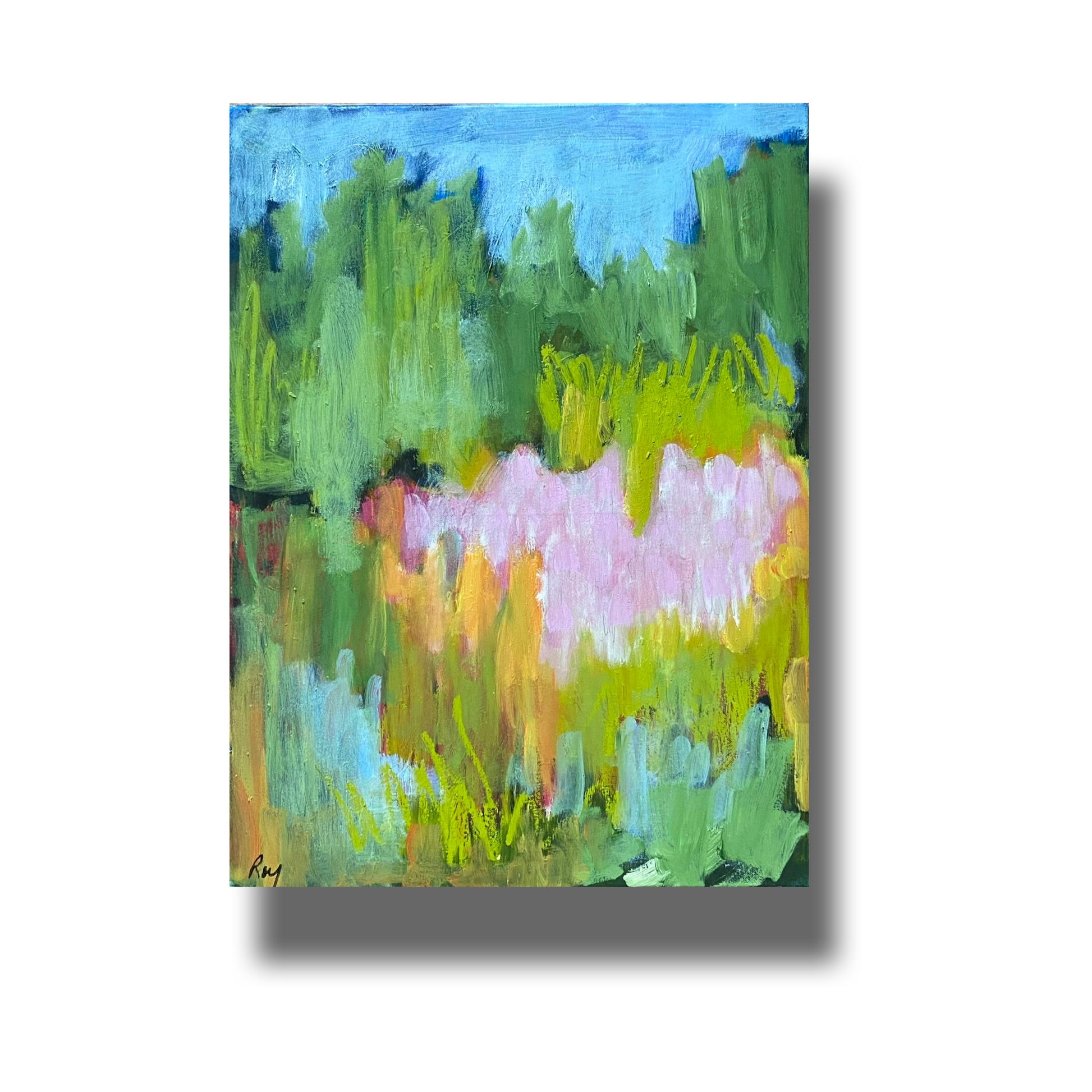Semi-abstract oil painting of pink wildflowers flowers growing among grasses and trees