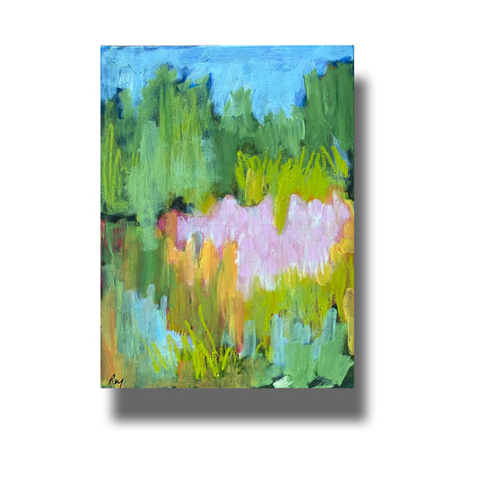 Semi-abstract oil painting of pink wildflowers flowers growing among grasses and trees