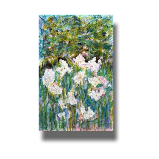 Impressionistic painting of white daisies growing in the grasses