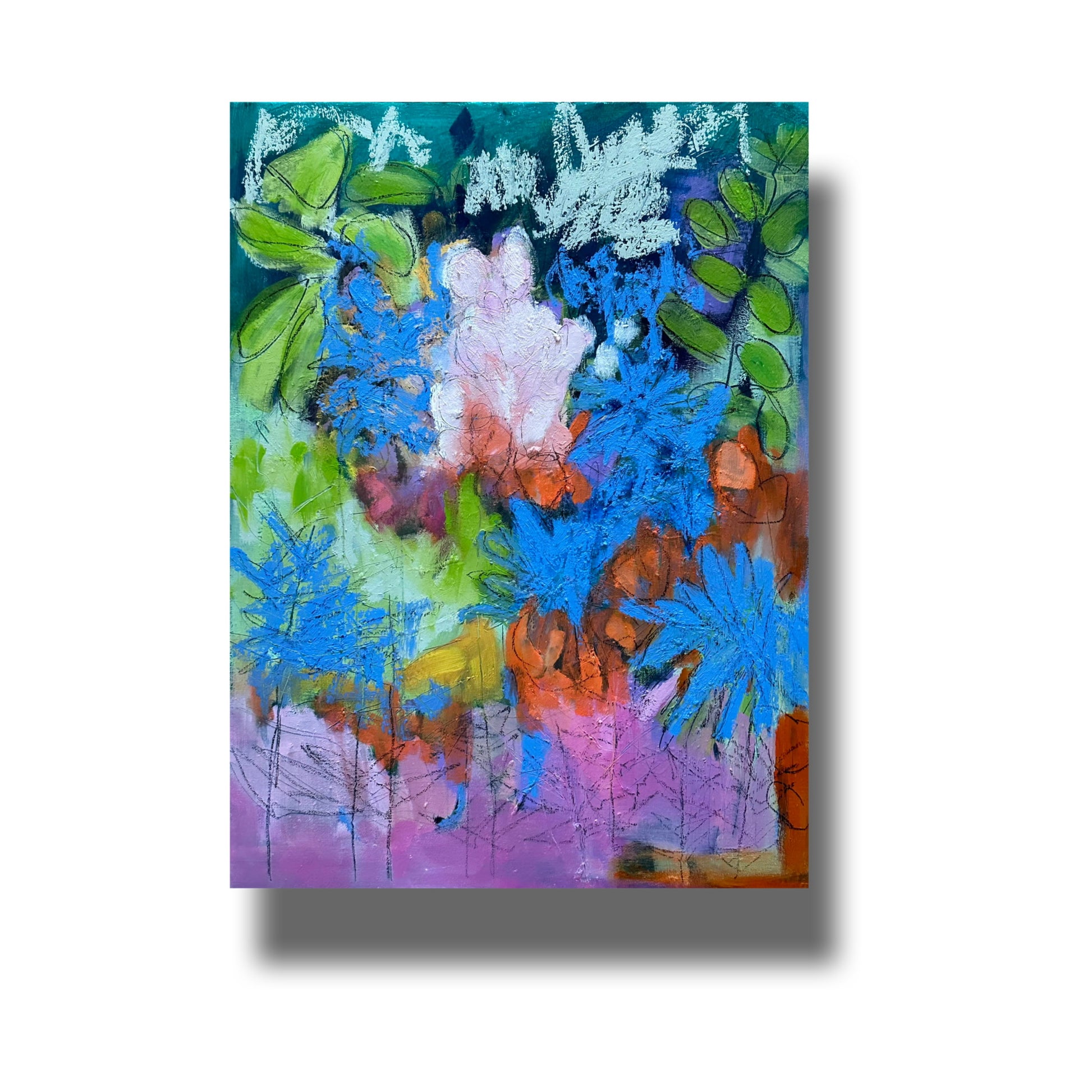 Semi-abstract oil painting of colourful wildflowers. 