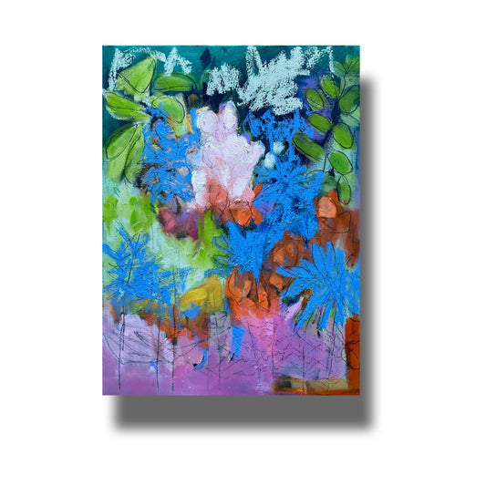 Semi-abstract oil painting of colourful wildflowers. 