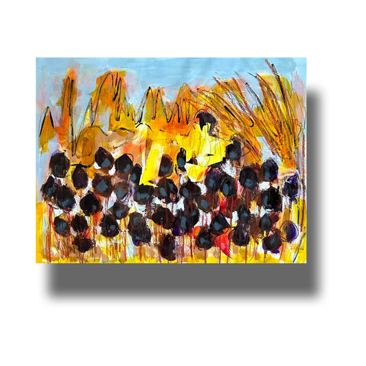 Semi-abstract painting of dried flowers and grasses using fall colours. 