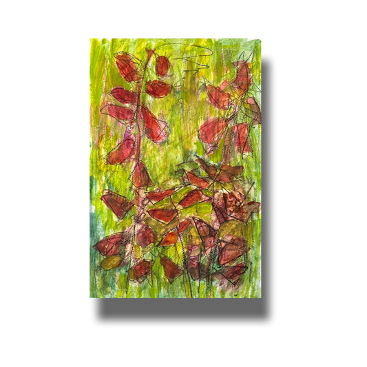 Semi-abstract mixed media painting of a raspberry bush in the fall