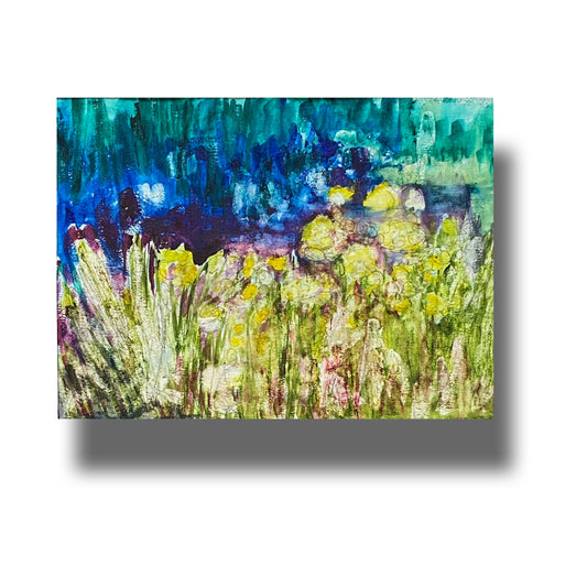 Abstract mixed media painting of yellow wildflowers growing at the edge of a forest 