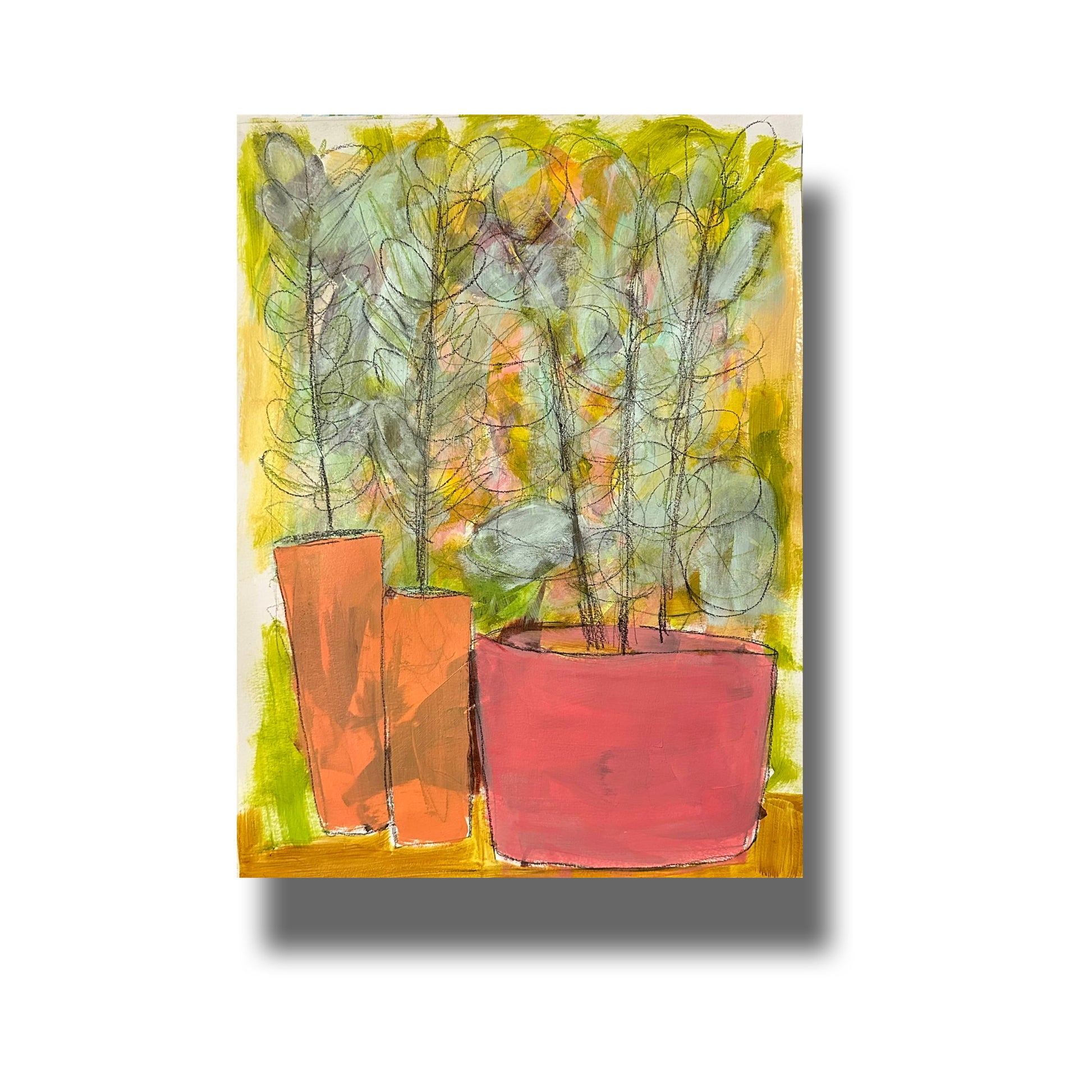 Semi abstract painting of 3 similar plants in pots