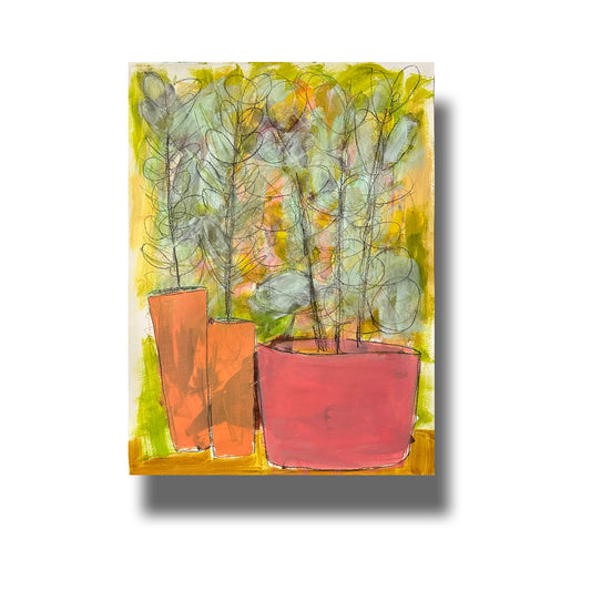 Semi abstract painting of 3 similar plants in pots