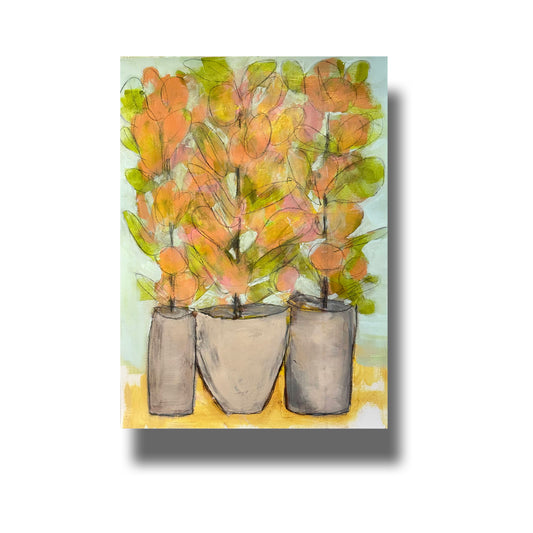 Semi abstract painting of three plants in pots