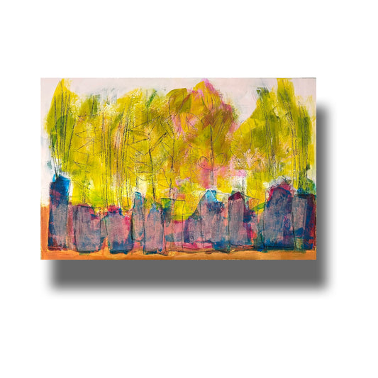 Semi abstract painting of several potted plants in a line on a shelf
