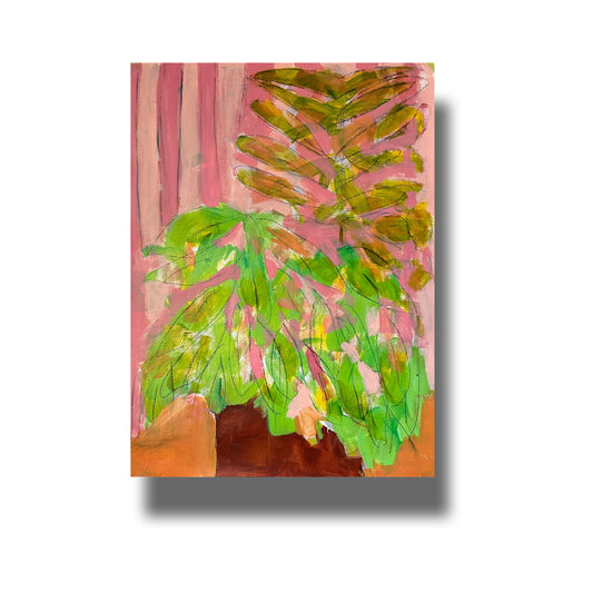 Semi abstract still life painting of house plant that blends in with wallpaper behind it. 