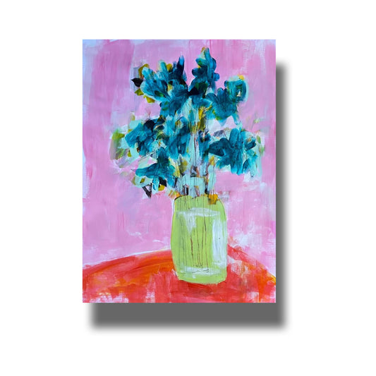 Semi abstract painting of vivid blue flowers in a green vase sitting on a red table.  