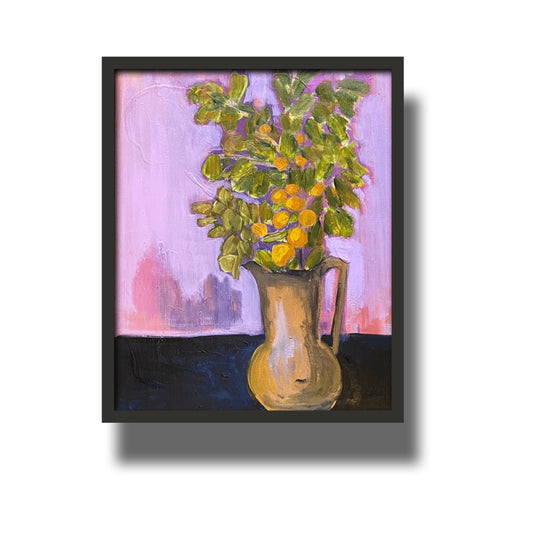 Painting of a tree branch with dried leaves and crab apples in a copper vase 