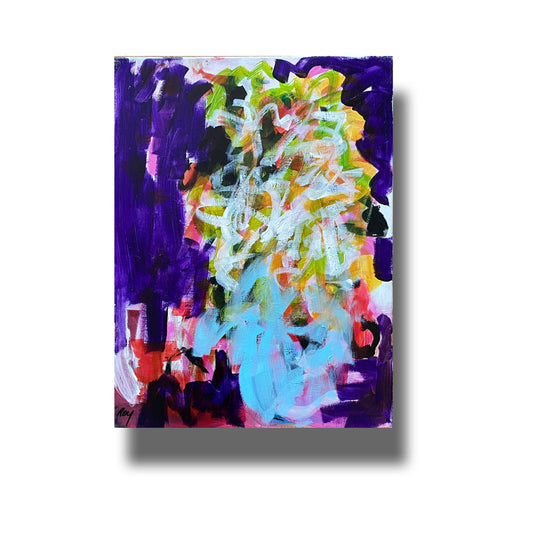 Abstract painting of flowers in a blue vase sitting on a table 