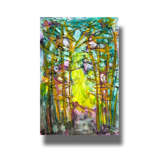 Semi abstract painting of sunlight shining through a group of trees 