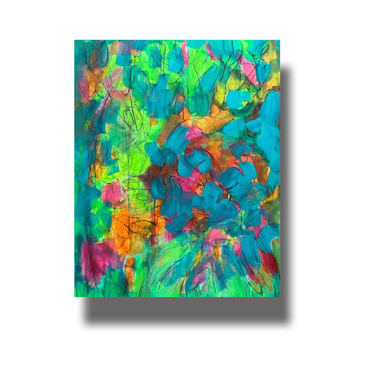 Abstract painting of thick foliage, bushes and trees in the corner of a garden