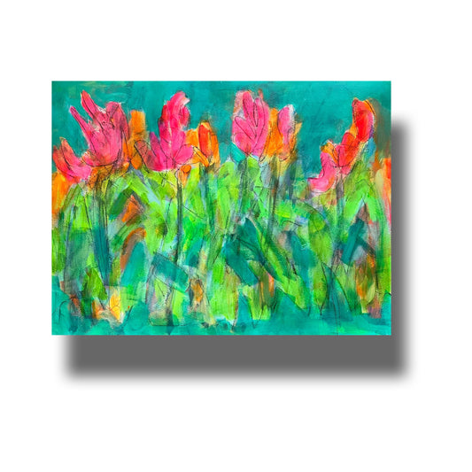 Semi abstract painting of brightly coloured day lilies growing in my garden