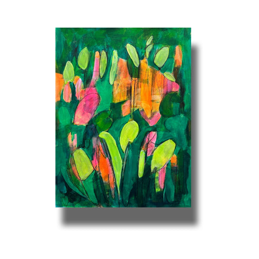 Abstract painting of thick foliage with the sun shining on it. 