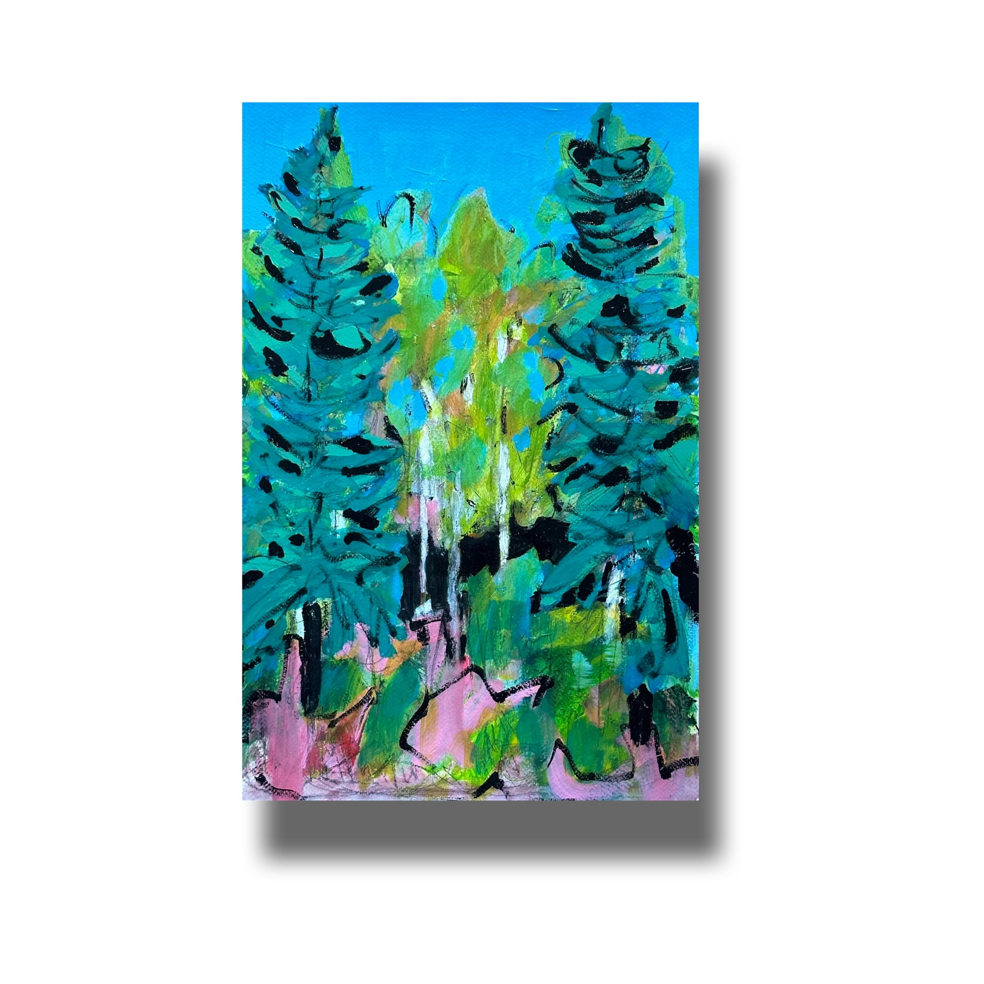 Semi abstract landscape painting of birch trees framed by spruce trees 