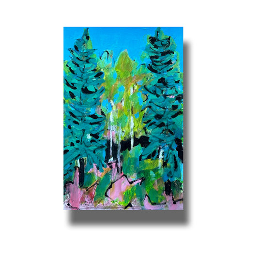 Semi abstract landscape painting of birch trees framed by spruce trees 