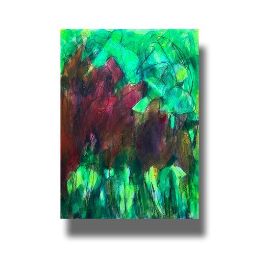 Abstract painting of vine covered trellis in sun and shade