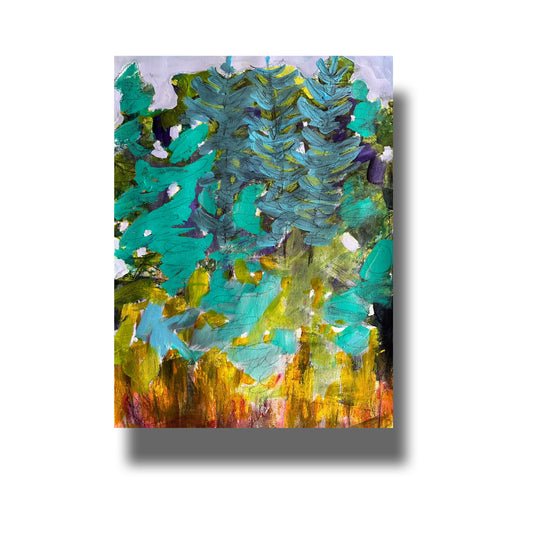 Semi abstract painting of evergreen trees