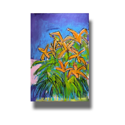 Semi abstract oil painting of flowering day lilies 