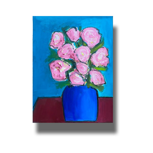 Semi abstract painting of pink roses in a vivid blue vase sitting on a table. 