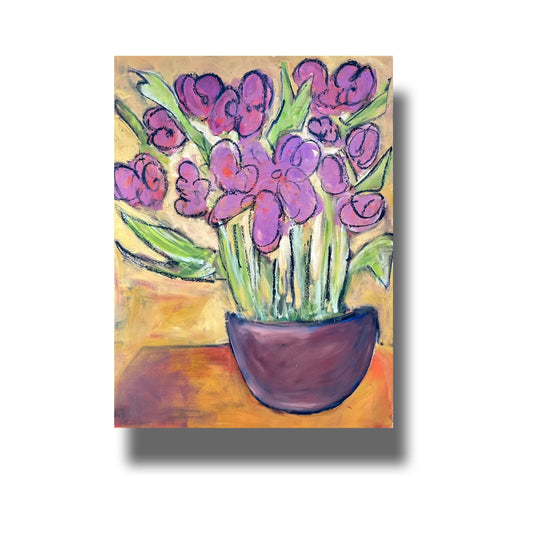 Semi abstract painting of bright purple flowers in an earthen vase on a table. 