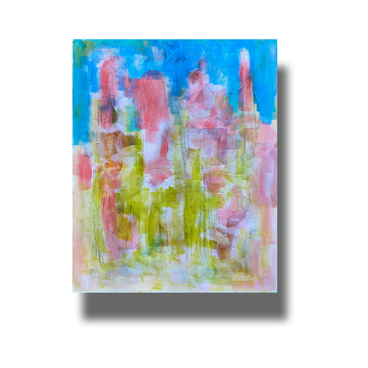 Abstract painting of bright pinks, greens and blues