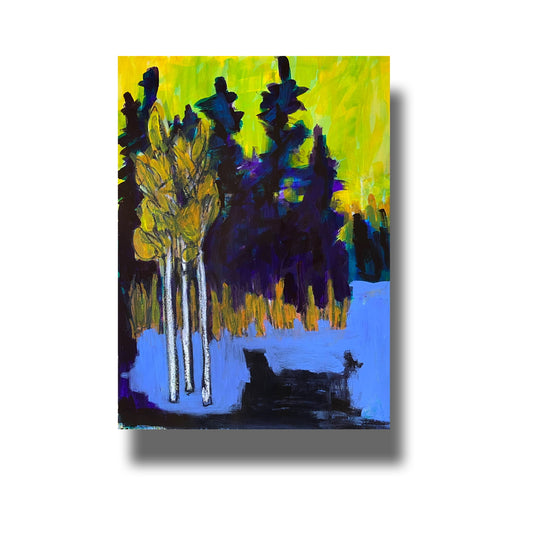 Semi abstract painting of a flooded road in a forest